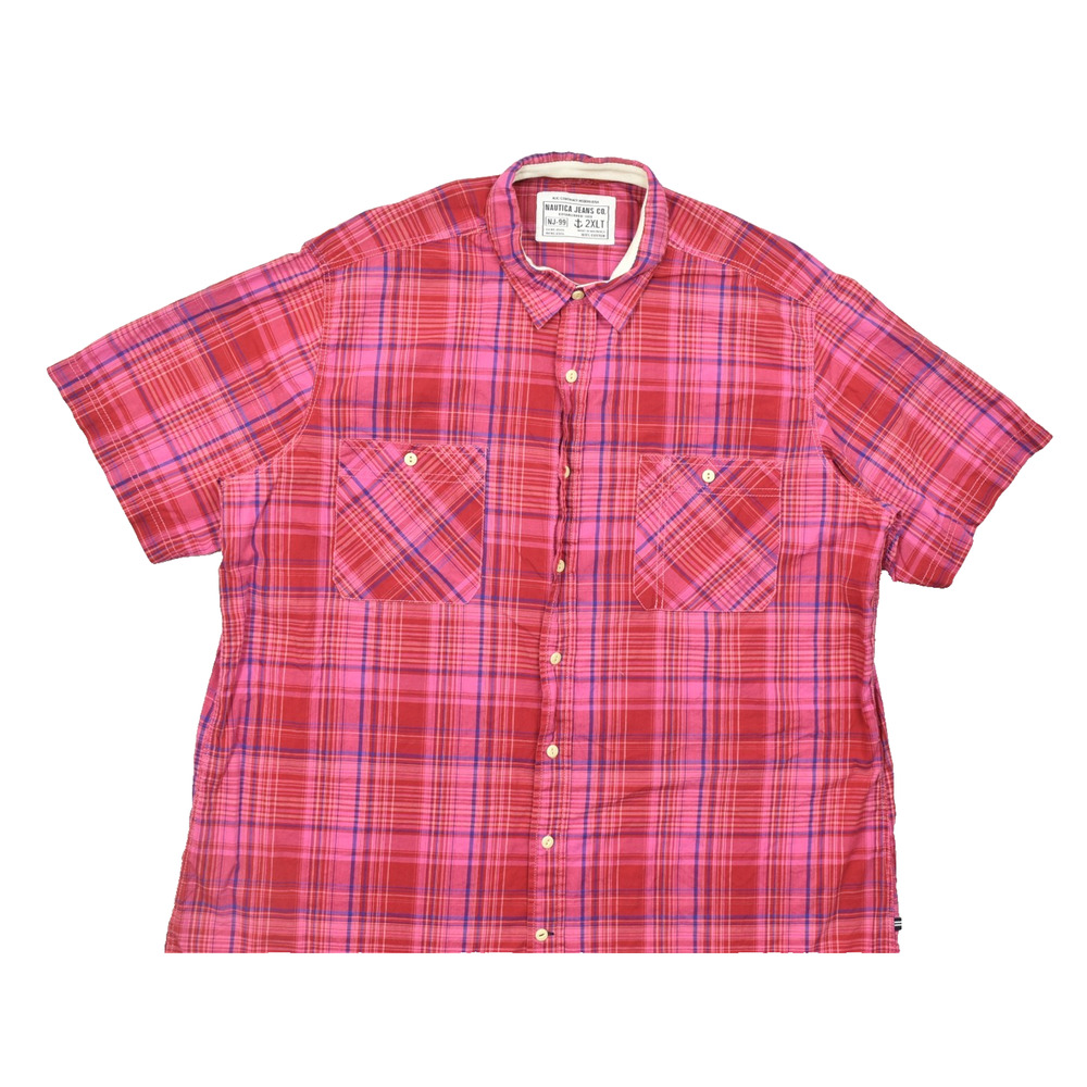 Nautica Jeans Co Men's 2XLT Red Pink Plaid Short Sleeve Button Down Shirt Cotton